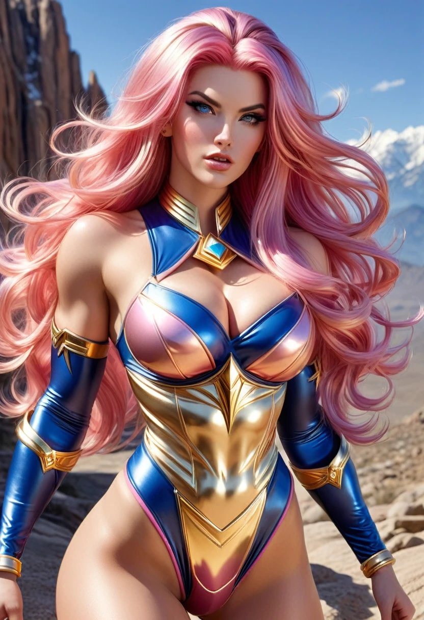 BEAUTIFUL PINK HAIR BOMBSHELL FEMALE GODDESS, TOO HUGE LONG HAIR, TOO VOLUMOUS HAIR, WIND EFFECT, LIGHT GRAY EYES, FACE MAKEUP, PALE SKYN, ROSY CHEEKS, MENTAL FORAMEN, TRIANGULAR FACE, ANGRY FACE EXPRESSION, STRAPLESS CLEAVAGE, BLUE PINK LEATHER BODYSUIT, GOLDEN DETAILS, GOLD HEADBAND, GOLD GAUNTLETS, LONG GOLDEN GAUNTLETS, GOLD CHOKE COLLAR, GOLD SANDALS, STRONG ATHLETIC BODY, MUSCLES, ARMS, DETAILED DELTOIDS, THICK GORGEOUS THIGHS, DETAILED QUADRICEPS, ABDOMEN, DEEP DESERT, ROCKY MOUNTAINS, SUN, BACKLIGHTS, MASTERPIECE, ACCURATE IMAGE