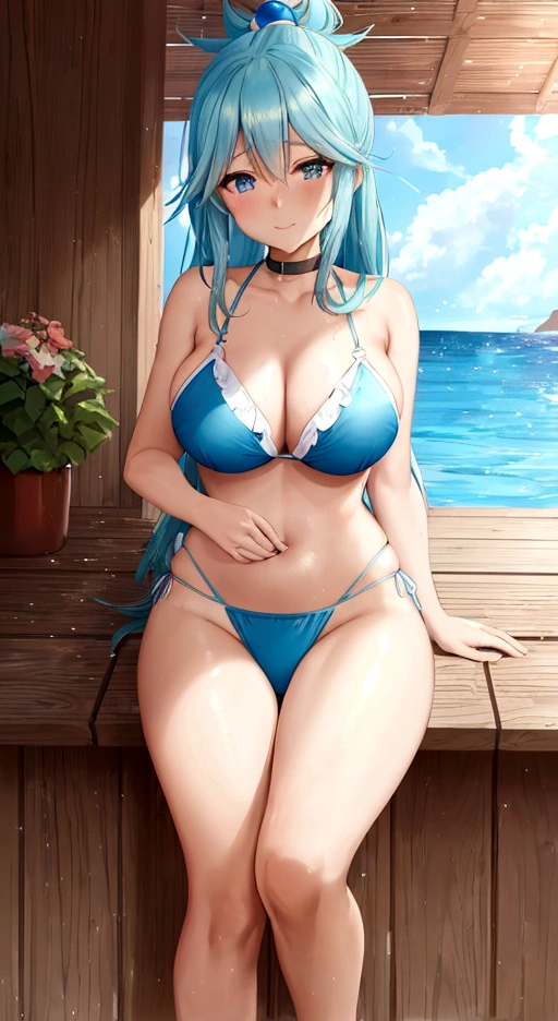 a close up of a woman in a bikini and panties, seductive anime girl, aqua from konosuba, pixiv 3dcg, top rated on pixiv, anime goddess, is wearing a swimsuit, blue bikini, at pixiv, , oppai, anime moe artstyle, high quality anime art, marin kitagawa fanart