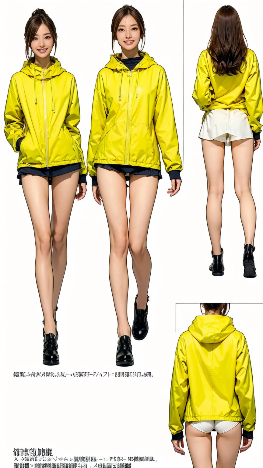 ((masterpiece)),(((Highest quality))),((Character design sheet)), Thin thighs,Long legs,18 year old Japanese girl, Cute type,The best smile:1.5、White and yellow long parka:1.5, Black panties peek:1.5,Short cut side wave , Walking、