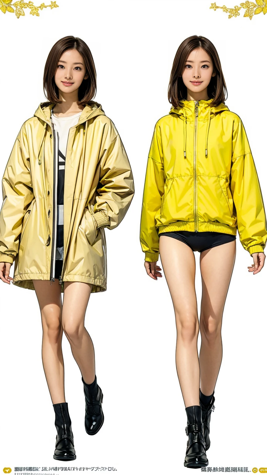 ((masterpiece)),(((Highest quality))),((Character design sheet)), Thin thighs,Long legs,18 year old Japanese girl, Cute type,The best smile:1.5、White and yellow long parka:1.5, Black panties peek:1.5,Short cut side wave , Walking、