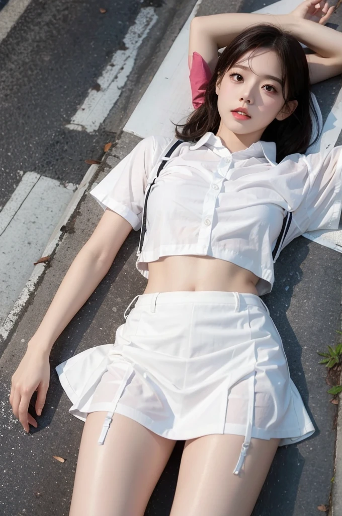 White,Short skirt,Suspenders,Lying on the ground,Underwear Rain,Soaked,Fit in shape