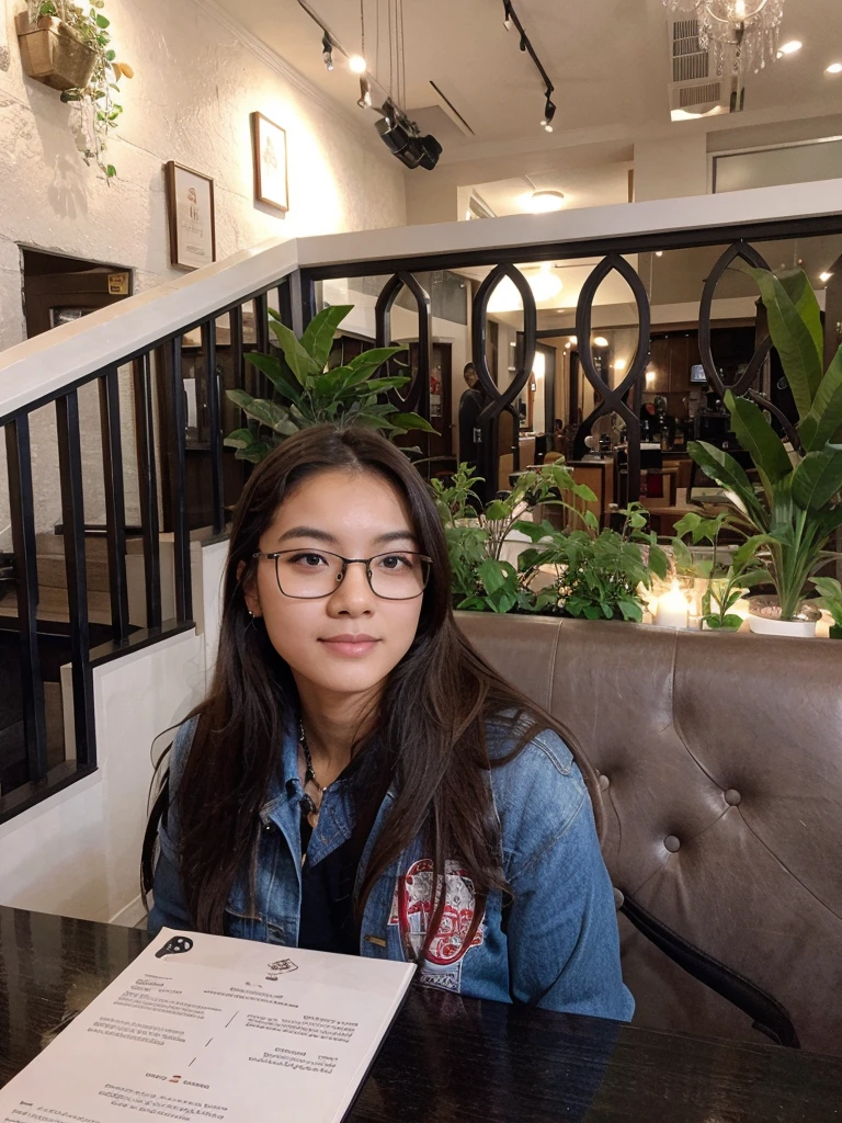 Cute asian with slim face girl with spectacles in a restaurant 