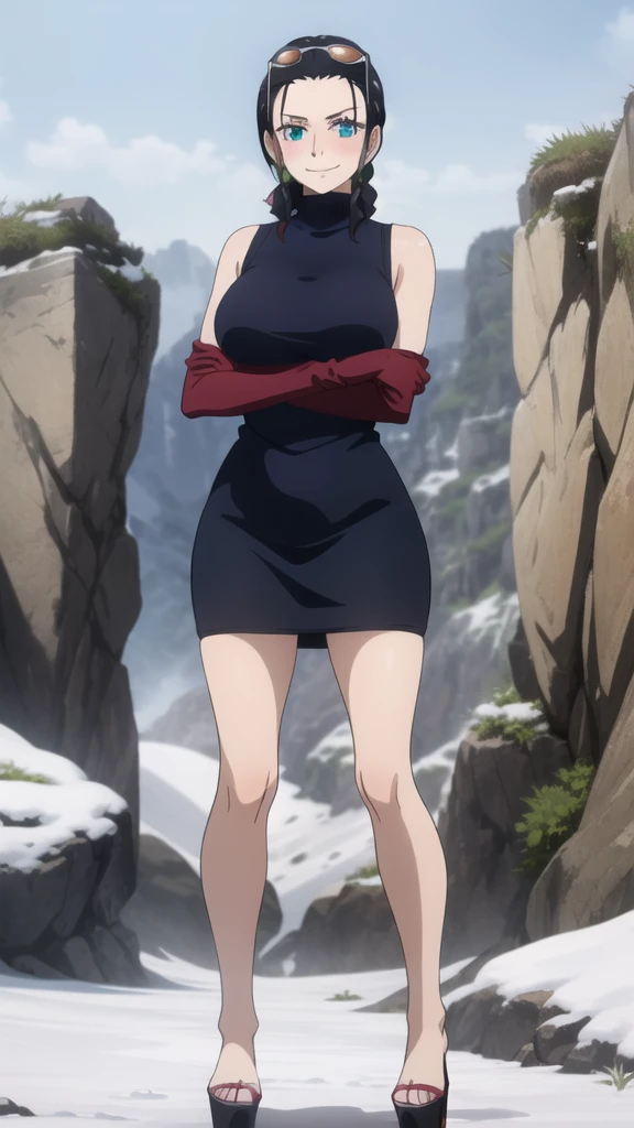 (Masterpiece), 1girl, high quality, best quality, extremely detailed eyes, extremely detailed body, blush, highly detailed, Nico robin, one piece, black hair, blue eyes, looking at viewer, smile, large breasts, gloves, closed mouth, 1girl, full body, open clothes, sleeveless shirt ,crossed arms, eyewear on head, brown gloves, hair slicked back, purple sweater, platform heels, barefoot, snowy terrain