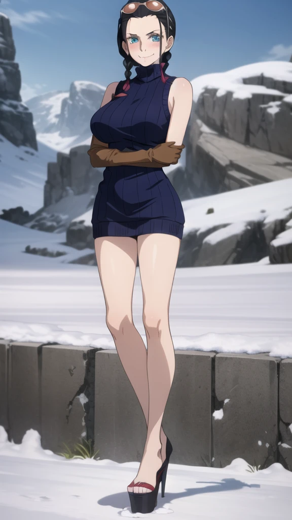 (Masterpiece), 1girl, high quality, best quality, extremely detailed eyes, extremely detailed body, blush, highly detailed, Nico robin, one piece, black hair, blue eyes, looking at viewer, smile, large breasts, gloves, closed mouth, 1girl, full body, open clothes, sleeveless shirt ,crossed arms, eyewear on head, brown gloves, hair slicked back, purple sweater, platform heels, barefoot, snowy terrain