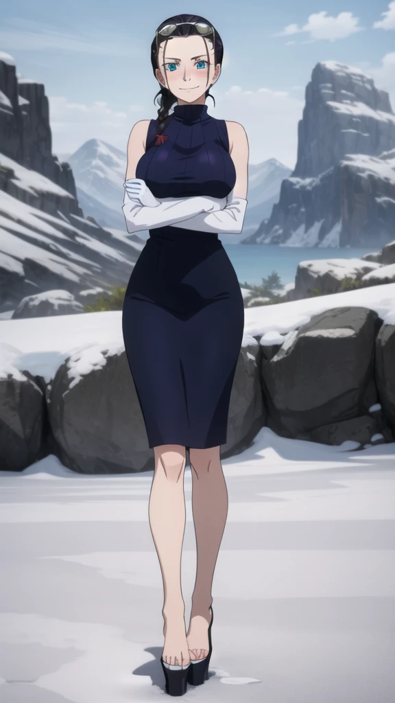 (Masterpiece), 1girl, high quality, best quality, extremely detailed eyes, extremely detailed body, blush, highly detailed, Nico robin, one piece, black hair, blue eyes, looking at viewer, smile, large breasts, gloves, closed mouth, 1girl, full body, open clothes, sleeveless shirt ,crossed arms, eyewear on head, brown gloves, hair slicked back, purple sweater, platform heels, barefoot, snowy terrain