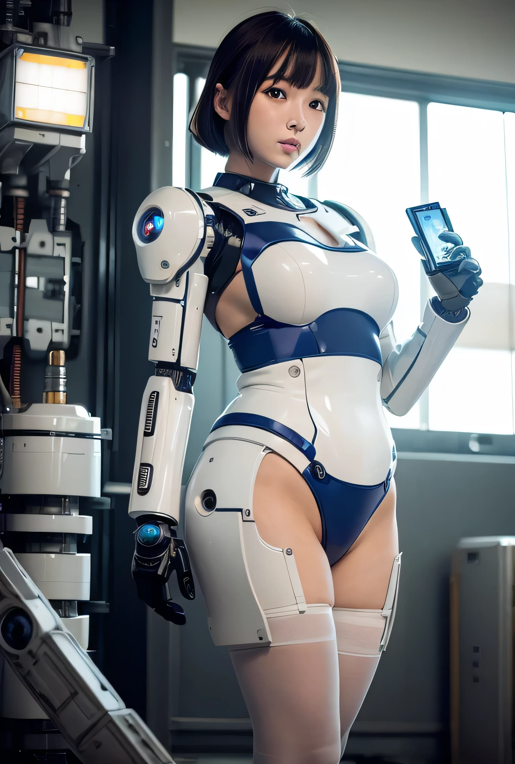 masterpiece, best quality, extremely detailed, Japanese android girl,Plump ,control panels,droid,Mechanical Hand,Robot arms and legs, robot assembly plant,white robot body,blunt bangs,skirt,beige pantyhose,blue eyes