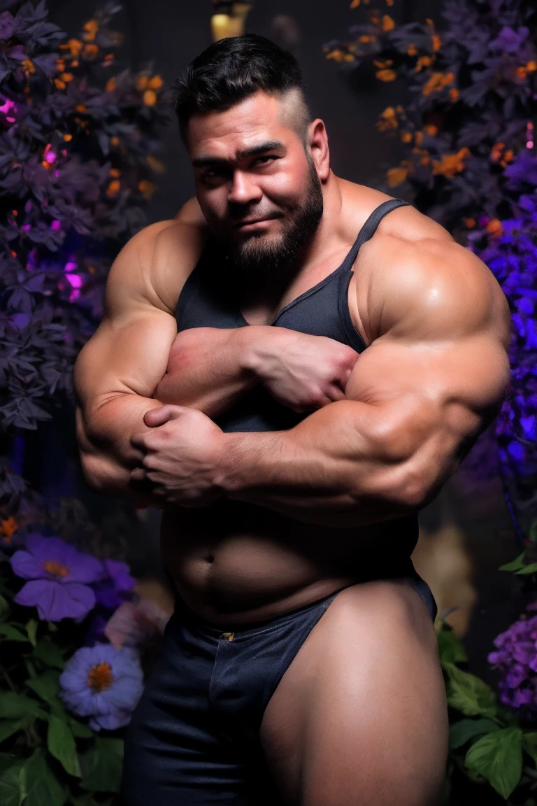 A group of beefy bearded Asian man with a more bigger body size, big beer belly, pumped chest, tribal art style tattoos, authoritative and protective expression, sweating, squeezing his chest, hugging from behind, wearing a werewolf fur, purple lights, flowers background, low angle camera, add bandage around his body, snuggled to his chest, dancing on a party
