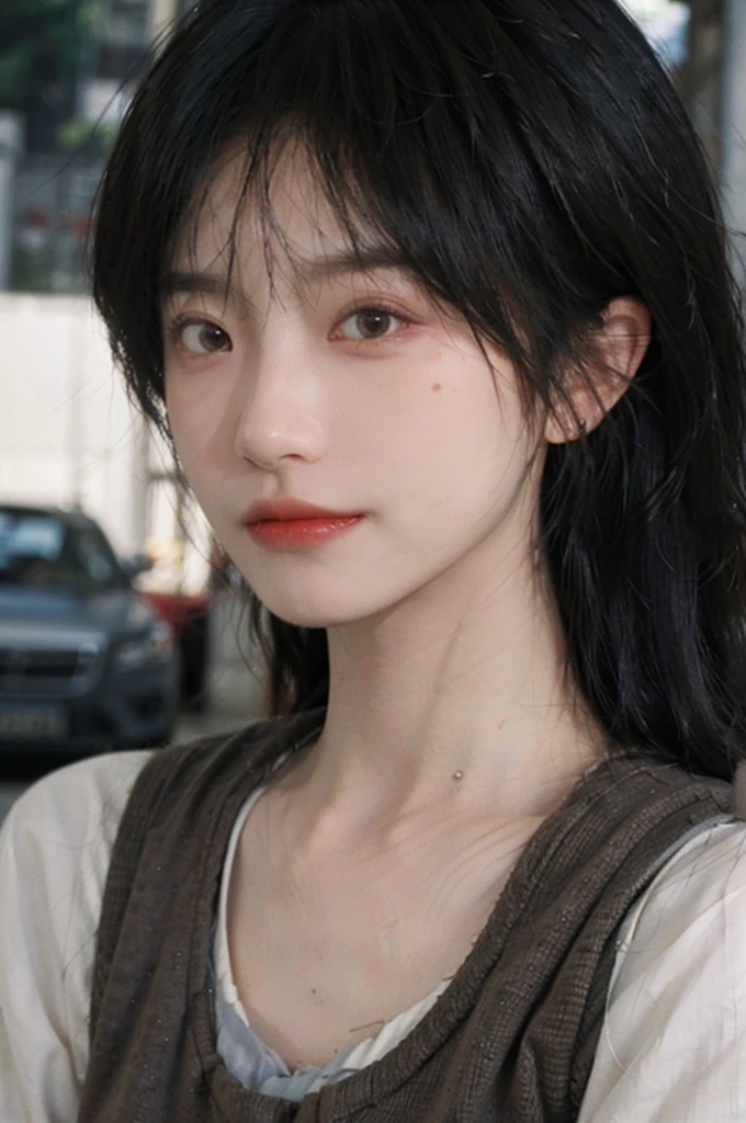 (Skin details:1.4), (smooth skin textures:1.3), Lipstick, background,海滩background, Direct vision, earrings, serene, calm, (Realistic and detailed eyes:1.2), Natural skin texture, Realistic facial details, Soft dramatic lighting, Vivid details, 35 mm film, outdoor, (Photo Practical:1.4), (hyper Practical:1.4), (Practical:1.3), (Smoother lighting:1.05), (Improve lighting quality:0.9), (Highest quality real skin textures:1.4), Exquisite eyes, Delicate face, Close-up of face, (Enhance the beauty of skin texture:1.1), Hair details, Vest,normal body ratio, short hair, Moles under the eyes, thinking, A faint smile,公园background,Portrait Photography, Depth of Field, Bokeh, Surrealism, Ray Tracing, (Portrait Photography:1.1), Surrealism, High Detail, Chiaroscuro, Ray Tracing, reflected light, Ultra HD, Ultra HD, masterpiece, Textured Skin, Super Detail, High Detail, high quality, best quality