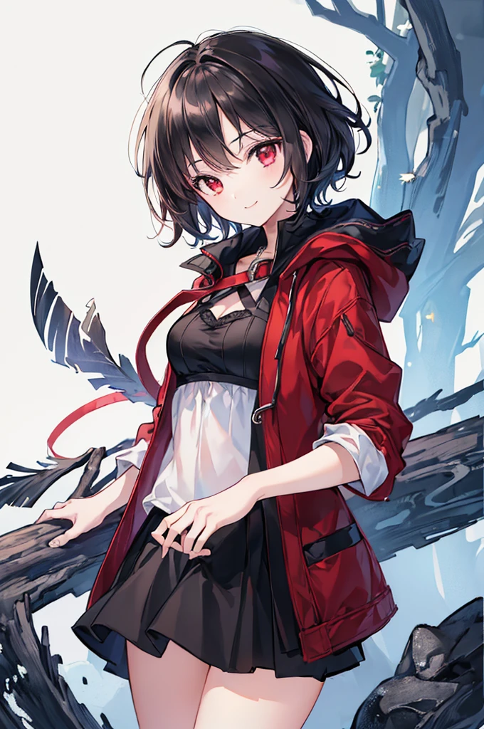 (masterpiece, highest quality, highest quality, (No text), Beautiful and aesthetic:1.2),No text,アニメ、 high resolution BREAK,One Girl,Short black hair Tree Eyes Beautiful eyes Red eyes Beautiful girl cool smile Black Coat mini skirt Whole body Night view Detailed eyes and face