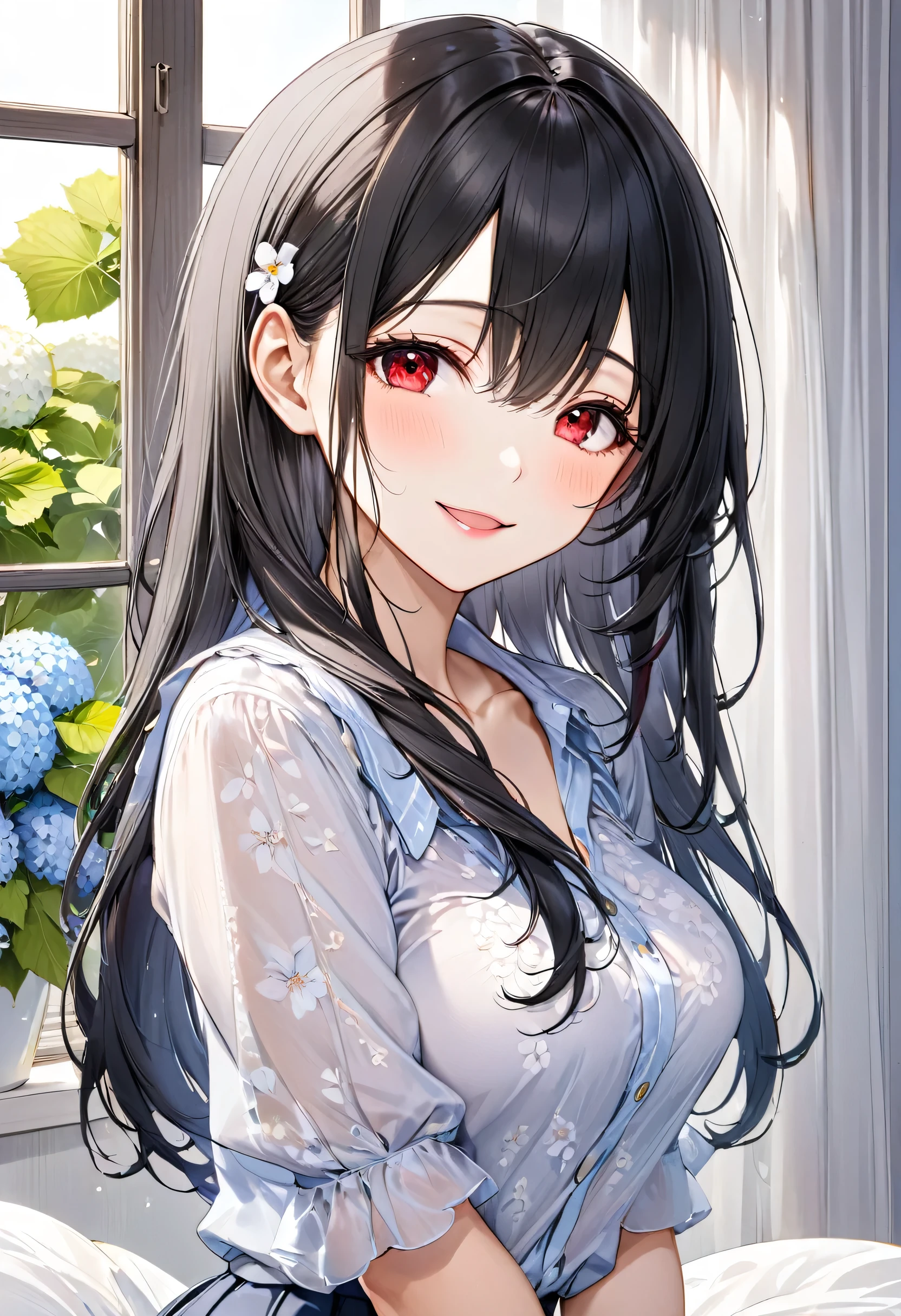 frontale, (upper body) (18 yo, solo straight black hair long hair dominance cute girl, detailed cool red eyes, love smile mouth, big tits), (in a summer blouse, skirt), break, (in the simple bedroom, background Through the window, out side A cluster of hydrangeas), BREAK, perfect anatomy, masterpiece, best quality, 16k, beautiful detailed grow, daydreaming expression.