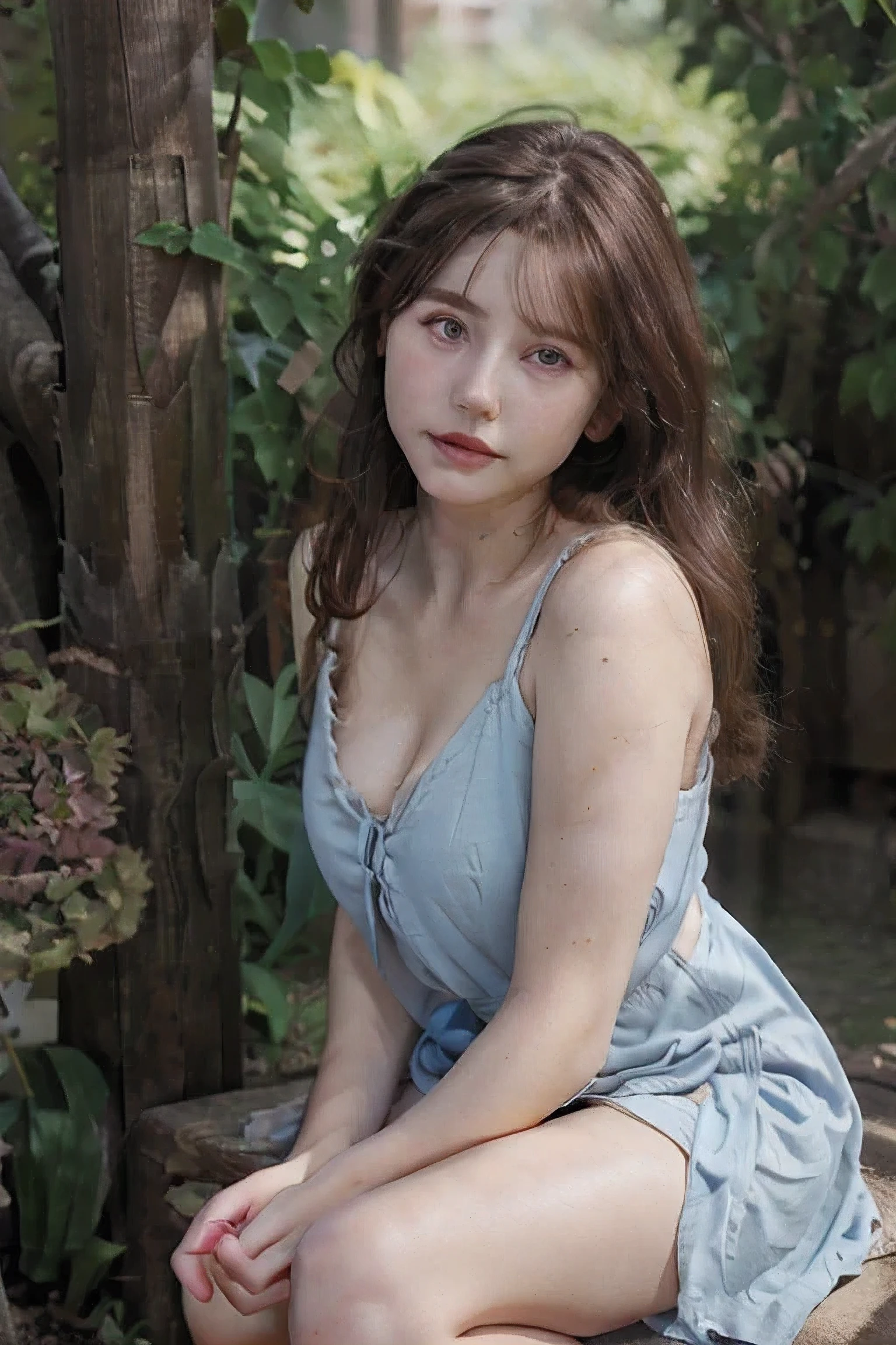 waist up potrait of 50 years age of french woman with white skins, blue eyes, dark brown hairs, wearing v neck sundress, slightly chubby, background dark studio, ultra realistic skins, ultra white skins, skins detailed, perfect eyes, eyes detailed.