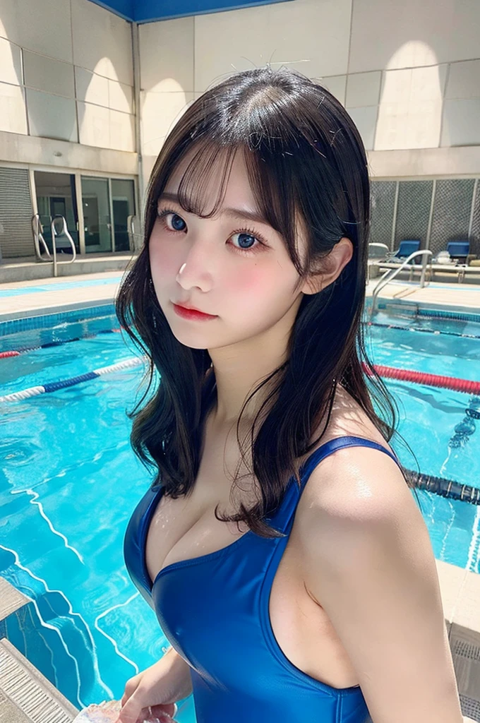 ,（School swimming pool、blue one-piece swimsuit、Big Tits）、double eyelids、Tear bags、Big, round eyes、Long eyelashes）、highest quality