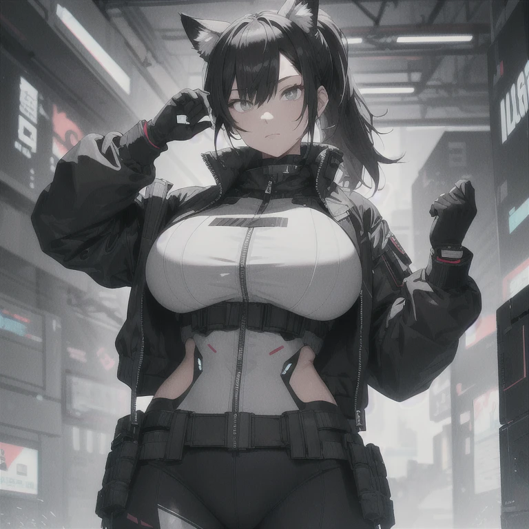 Absurd resolution, high resolution, (masterpiece: 1.4), hyper-detail, solo, 1 kemono feline cat woman, black hair, messy ponytail, cute face, detailed soft grey eyes, extremely large bust, huge hyper super breasts, wide full hips, narrower torso, smaller torso, full thicc soft thighs, rounded full soft butt, fullbody covering pilot utility suit, scifi padded high collar techwear jacket with triangular decals and techwear iconography, techwear gloves, wrist mounted display scifi tablet/communication device, fitted utility pants, near future scifi, cyberpunk aesthetic, anime aesthetic