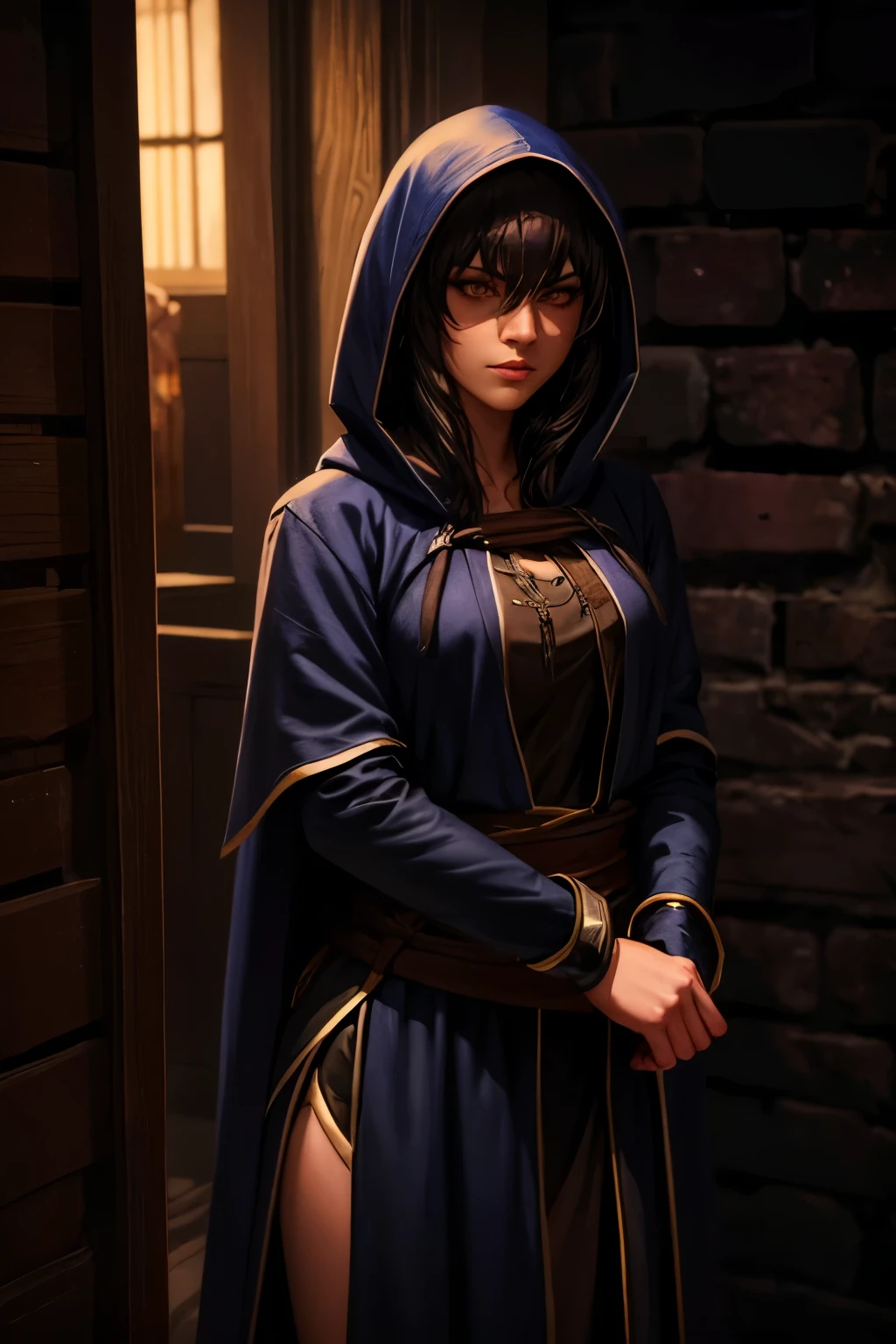 woman in a rogue's cloak, highly mysterious, 1girl, beautiful detailed eyes, beautiful detailed lips, extremely detailed face, long eyelashes, long dark hair, hooded cloak, mysterious expression, dramatic lighting, dark and moody atmosphere, cinematic composition, digital painting, highly detailed, photorealistic, masterpiece, 8k, HDR, chiaroscuro lighting