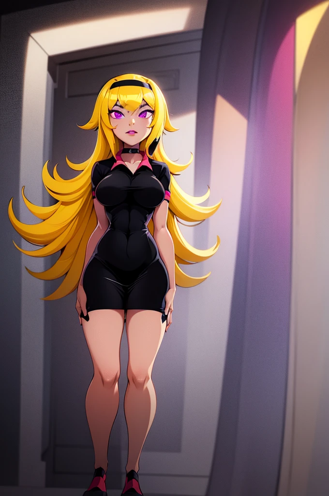 yellow hair, black dress, freckles, lipstick, big , purple eyes, Lucy Mann, big ass, seductive pose, solo, tight outfit, masterpiece, high quality, humanoid, ultra 4k