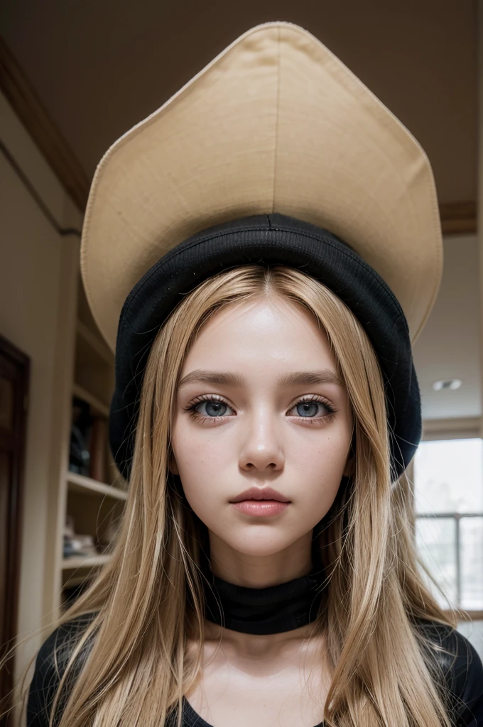 Create the photo of a brown blonde girl in a room, the girl dressed in black with a cap on, photo taken with a professional camera, high realism