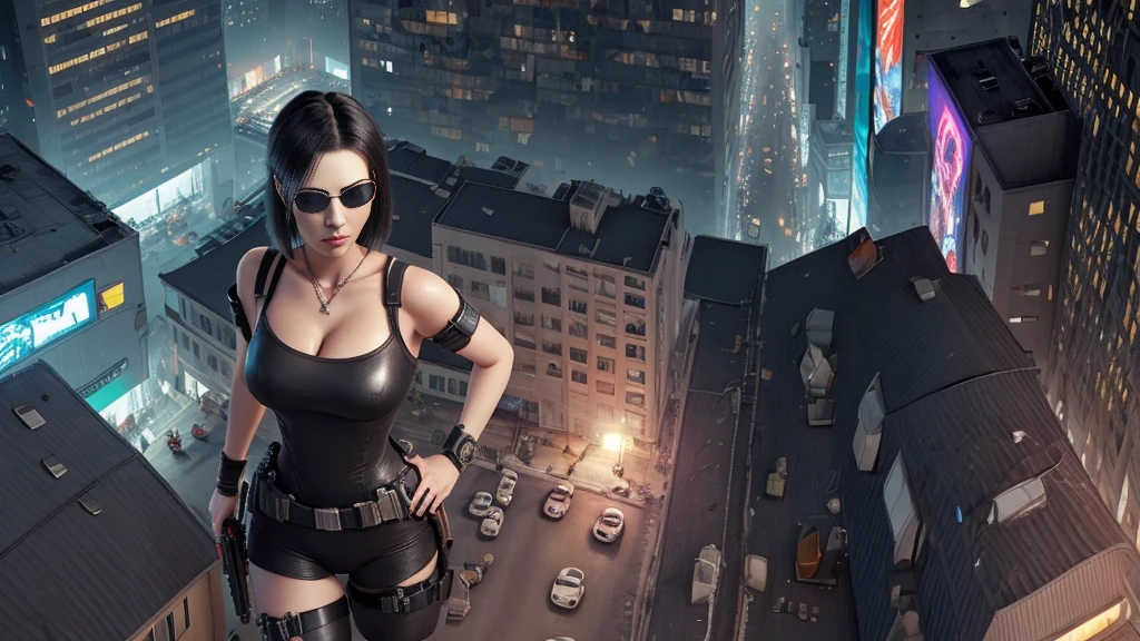 (((at night))), FPS gaming screen view, (((aerial view))) of cyberpunk city, unreal engine 5 rendering, (((1Girl, solo))), large breasts, Chest exposed, breast cleavage, wide open ass, slim waist, ((masterpiece:1.2)), top-quality, official art, detailed CG Unity 8K Wallpapers, artbook, Expressive Hues, Vibrant Palette, B deficiency and white clothes, (((matrix style black micro sunglasses))), (((aiming with a short gun))), (((looking at camera))), (((very low view))).