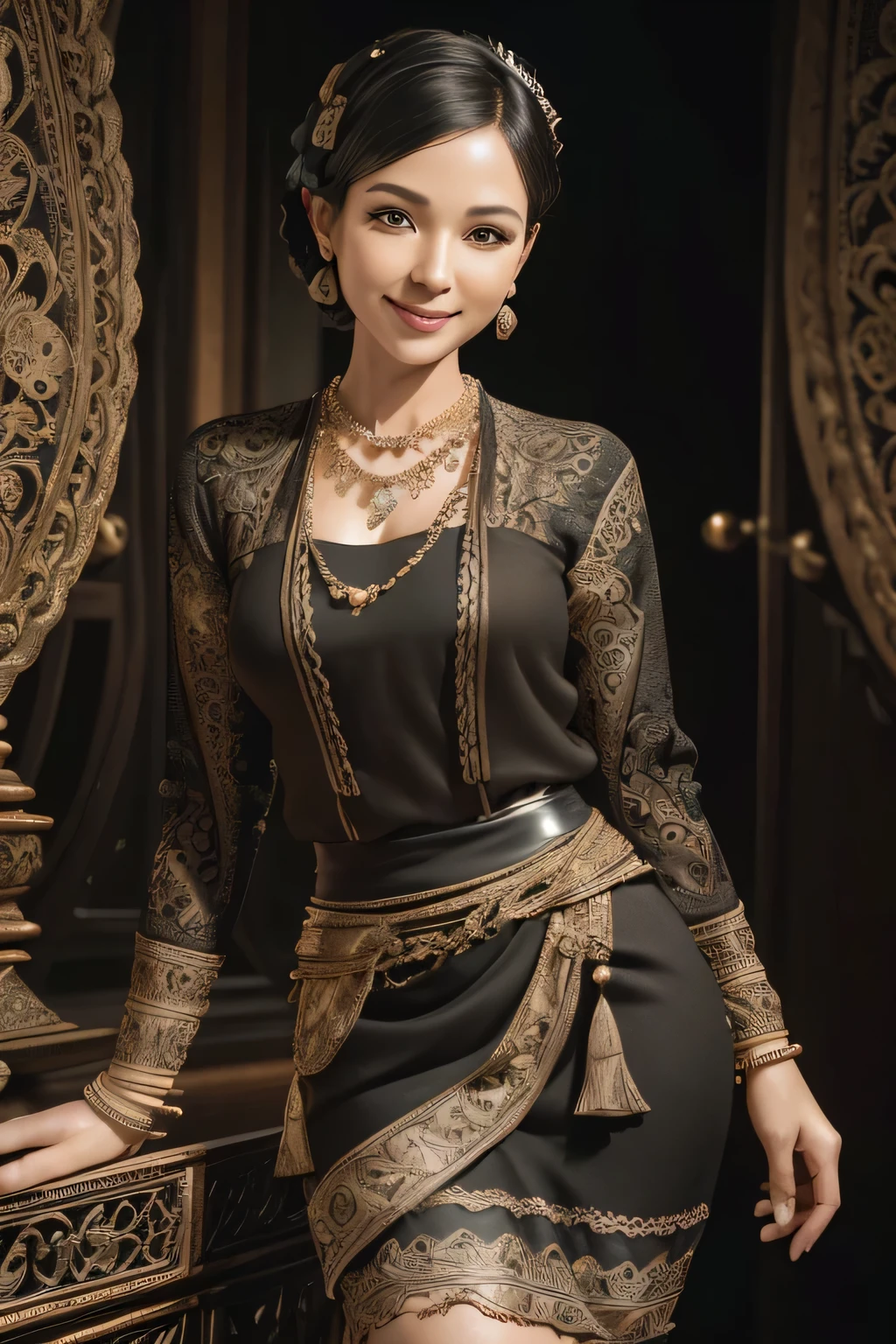 (realistic:1.3), insane detailed, quality, (masterpiece:1.2), (photorealistic:1.2), (best quality), (detailed skin:1.3), (intricate details), ray tracing, ((half body)), ((1woman)), (((1 person))), 40 years old, short hair, smile, red dress, skirt with pattern, color contrast between the dress and the skirt, skirt pattern, earrings, necklace, Javanese ornament, (blurred background)