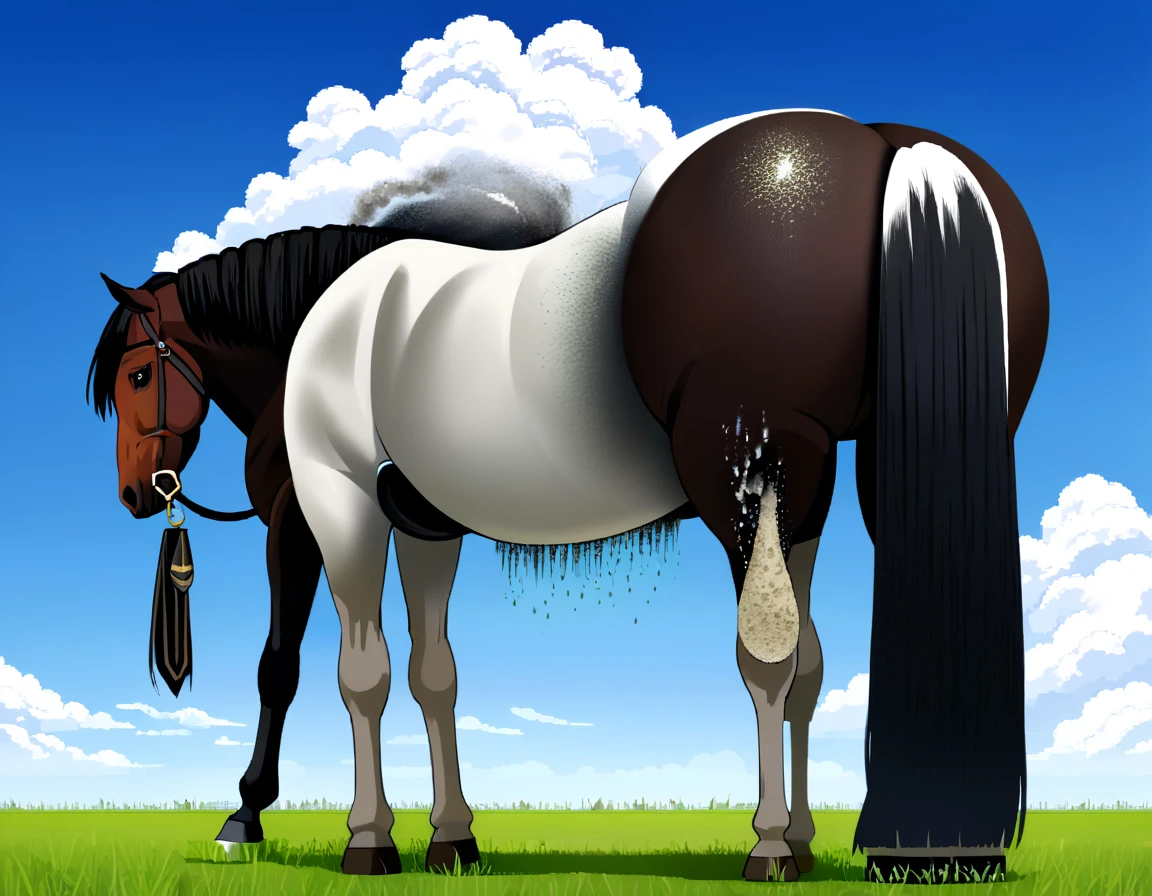a very full figured very black skinned nude African woman standing by a big Belgian draft horse mare (side view). big bum. very short tail. horse facing horizon . flat grass meadow. steaming horse dung behind horse. cloudless blue sky., black hair, short ponytail, dilated pupils, smelling horse bum, open mouth, high detail, depth of field, UHD, masterpiece, anatomically correct, accurate, super detail, highres, 16k meadow. cloudless blue sky.