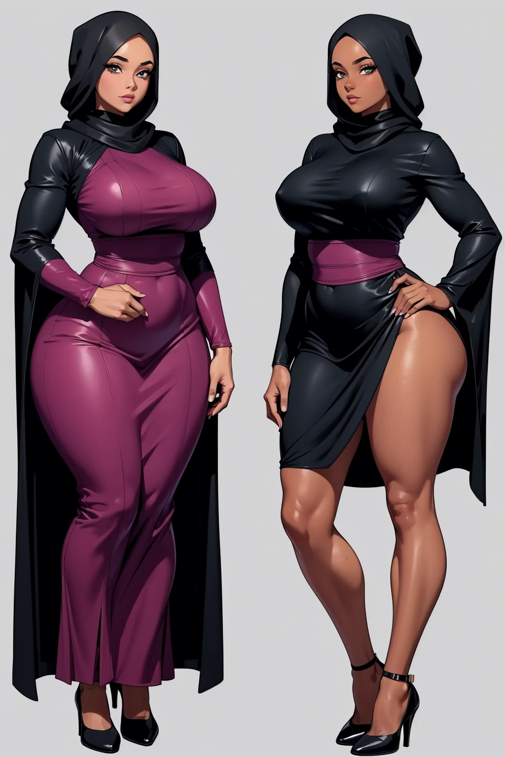 digital art, highly detailed, reference sheet, standing pose, legs uncrossed, hand on hip, hand pulling at cheek, feminine features, dark skin, overweight, curvy, corpulent, portly, mature woman, adult female, whole body, bald, form-fitting, abaya dress, scarf, long sleeves, long skirt, shoes, 1woman, solo, upper body, lower body, ((Extremely Detailed)), ((Best Quality)), ((Masterpiece)), ((4k)).