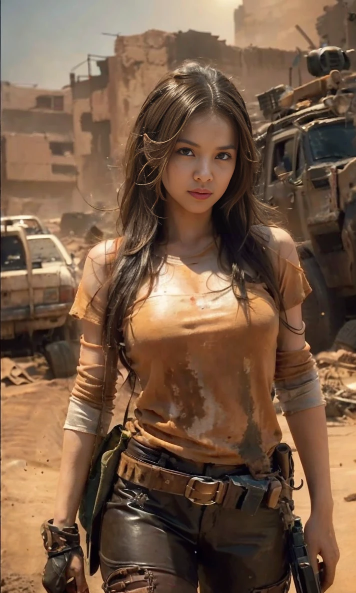 PLEASE fix the image, delete it, A beautiful Indonesian woman with long brown hair who survived in the desert riding a Mad Max type motorbike. Apocalyptic setting. Realistic skin, soft oval face. Soft round chin. Soft round cheeks. Curved lips. Long and wide nose. blackish brown eyes. very detailed eyes. His eyebrows are very thick. Athletic legs, ideal body. Friendly. Wearing used clothes of a scavenger, Background: An apocalyptic wasteland. Dusty and sad