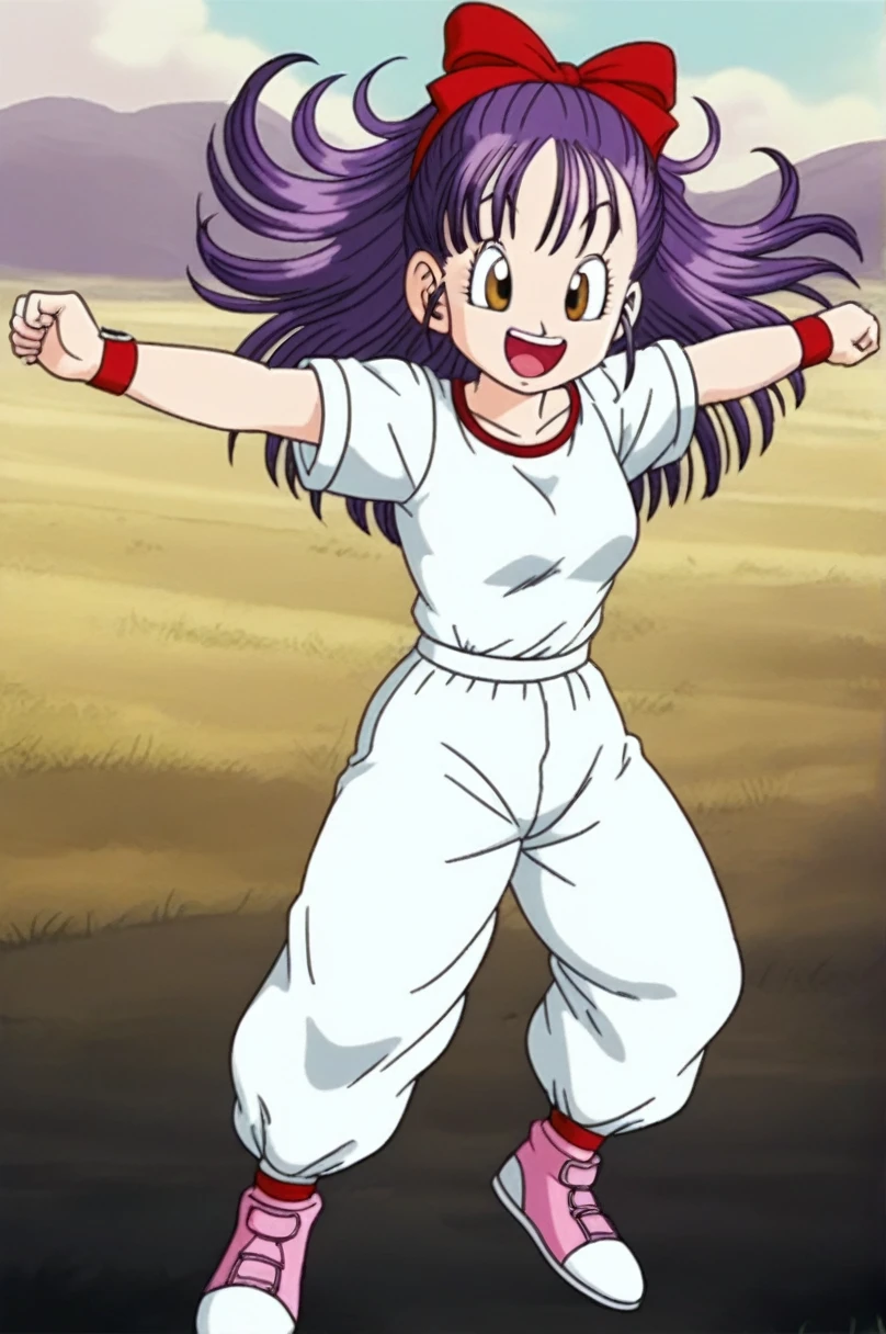 sauce_anime, score_9, score_8_superior, score_7_superior, anime screencap, Bloomers \(Dragon Ball\), One girl, alone, View your viewers, smile, Open your mouth, Brown eyes, Field, Outstretched Hand, superiorから, whole body, Outdoor, null, shoes, Baggy pants, Outstretched arms, Long shirt, Short-sleeved shirt, Purple Hair, one side superior, Wristband, sneakers, Pink footwear, purple shoes下, arm superior, clavicle, Eyebrow, eyelash, Jumping, nail, Semi-long hair, Look to the side, Clenched hands, raised Eyebrow, 中null, tongue, teeth, White background