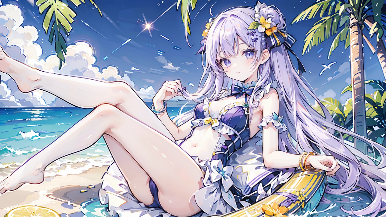 She has long, wavy lavender hair with an orange and green flower ornament and a star-shaped clip. Her eyes are bright green, and she has a cheerful expression. She is wears a swimsuit with white and purple elements, blue bows, and frilly edges. Accessories include a bangle on her left wrist. The color palette creates a harmonious look, giving off a fun and playful summer vibe. She is in the sea where the night stars shine brightly. She has one angel wing on her back. midnight