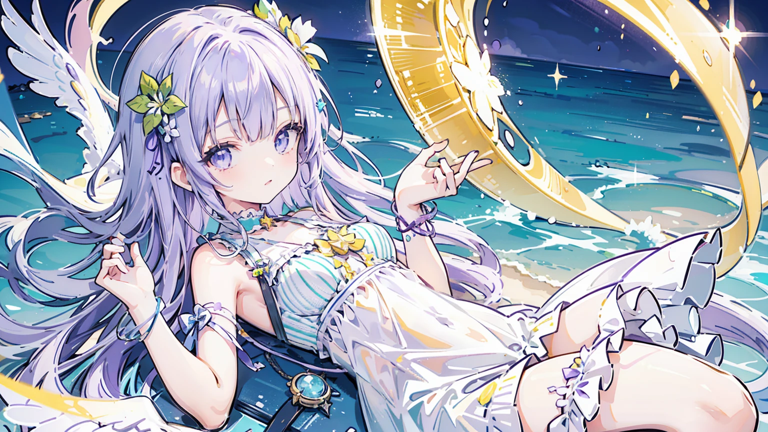 She has long, wavy lavender hair with an orange and green flower ornament and a star-shaped clip. Her eyes are bright green, and she has a cheerful expression. She is wears a swimsuit with white and purple elements, blue bows, and frilly edges. Accessories include a bangle on her left wrist. The color palette creates a harmonious look, giving off a fun and playful summer vibe. She is in the sea where the night stars shine brightly. She has one angel wing on her back. midnight