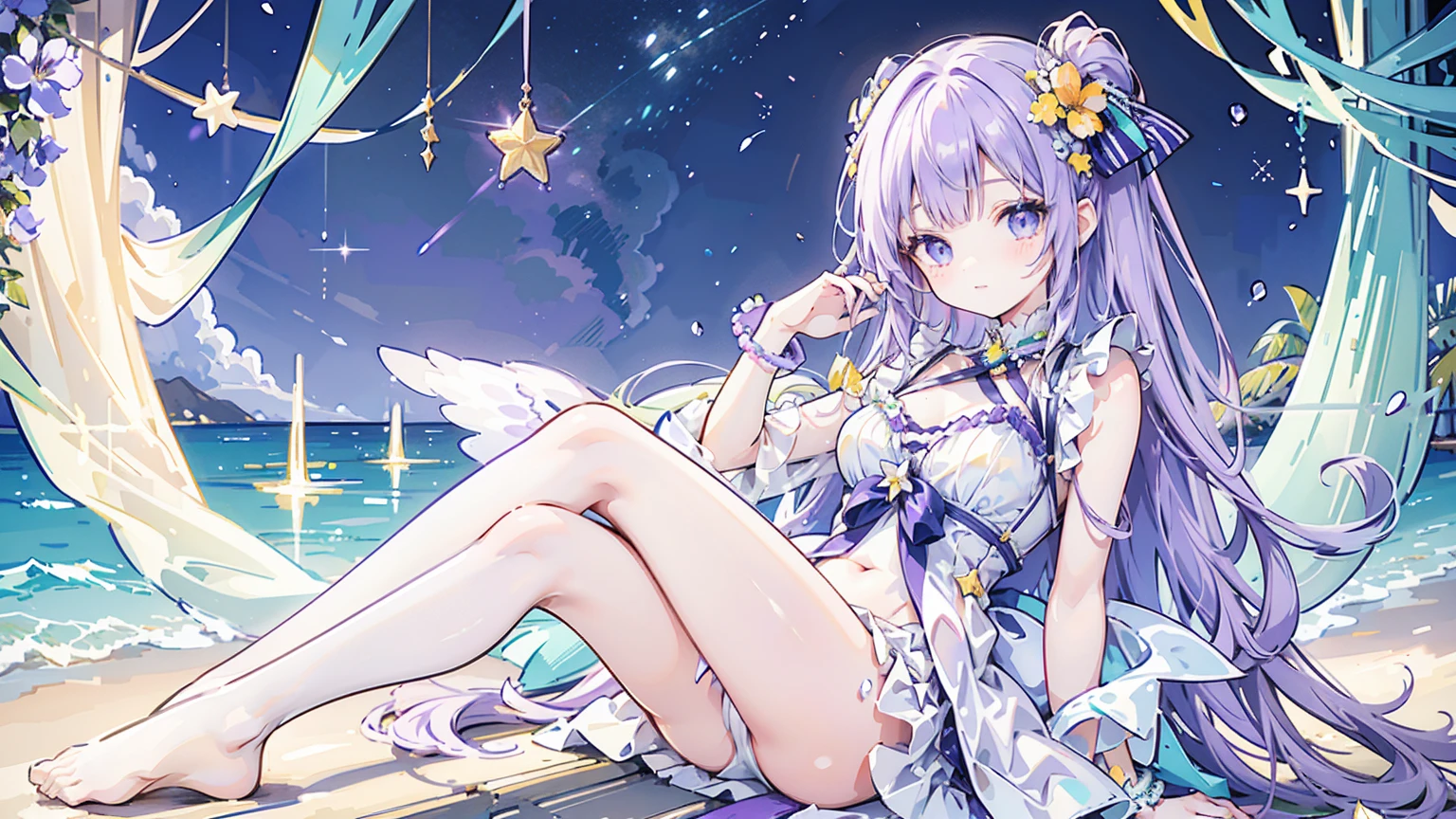 She has long, wavy lavender hair with an orange and green flower ornament and a star-shaped clip. Her eyes are bright green, and she has a cheerful expression. She is wears a swimsuit with white and purple elements, blue bows, and frilly edges. Accessories include a bangle on her left wrist. The color palette creates a harmonious look, giving off a fun and playful summer vibe. She is in the sea where the night stars shine brightly. She has one angel wing on her back. midnight