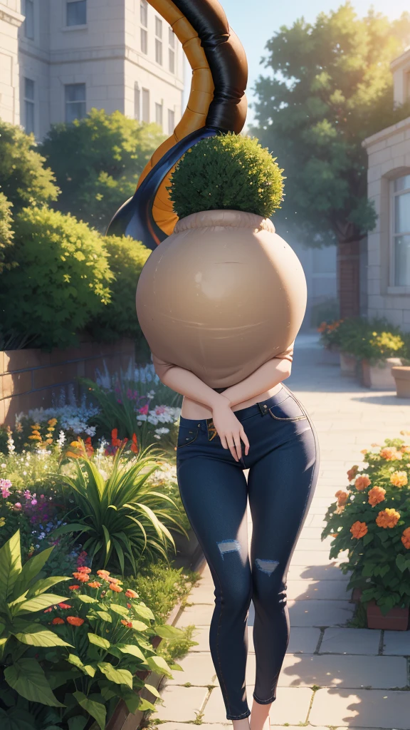 1girl, natural lighting, masterpiece, highly detailed, illustration, game CG, absurdres, high quality, aichan, large breasts, garden, jeans, (cell vore), (tail vore:1.5)