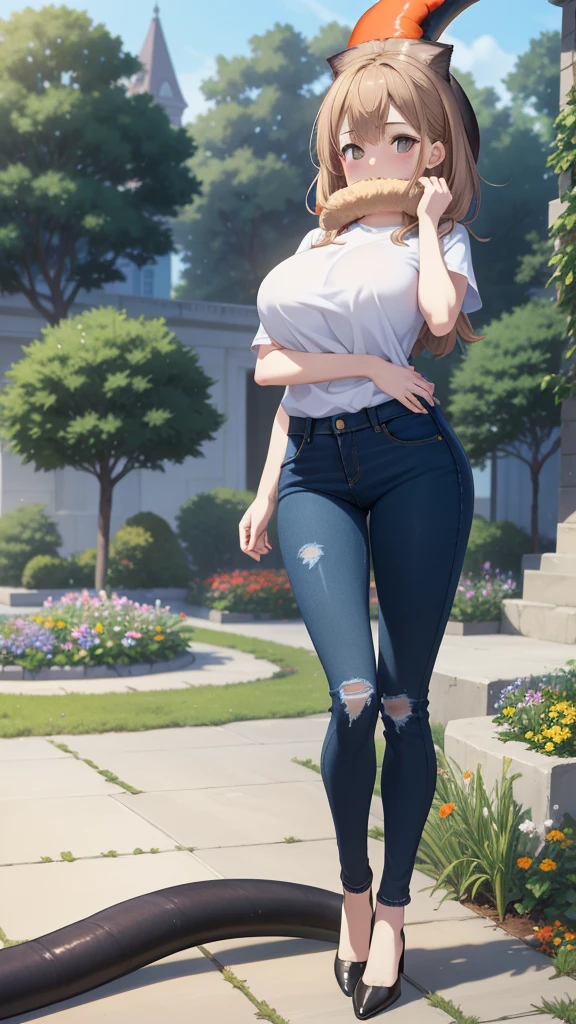 1girl, natural lighting, masterpiece, highly detailed, illustration, game CG, absurdres, high quality, aichan, large breasts, garden, jeans, (cell vore), (tail vore:1.5)