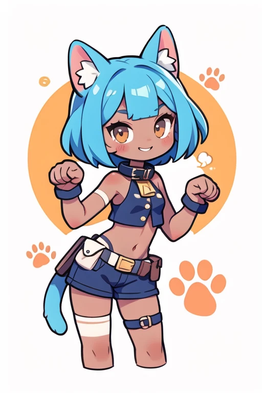 (masterpiece, best quality:1.2), solo, 1girl, sgmsfortune, dark skin, dark-skinned female, smile, looking at viewer, paw pose, bob cut, crop top, fingerless gloves, collar, bell, belt, pouch, cat tail desnuda