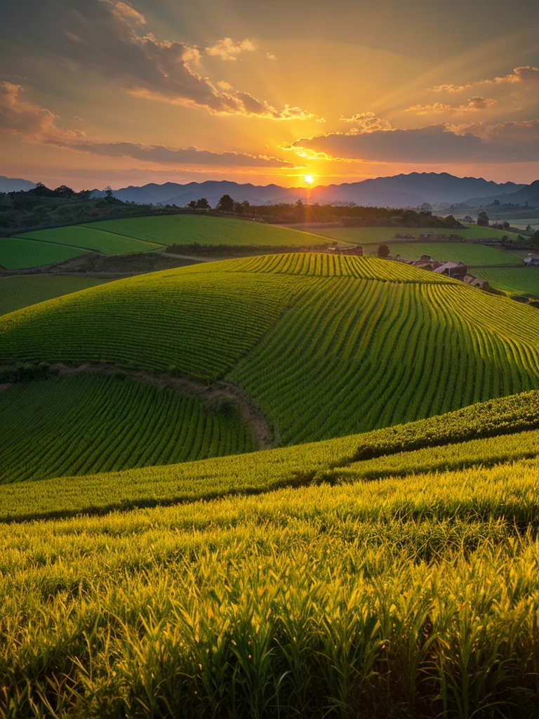 The sun sets over the peaceful countryside, Golden light illuminates the fields、Sunset landscape:0.8, Farmer's dedication:0.7, Links to agriculture:0.6., Picture book illustrations :1.7,