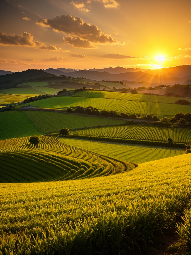 The sun sets over the peaceful countryside, Golden light illuminates the fields、Sunset landscape:0.8, Farmer's dedication:0.7, Links to agriculture:0.6., Picture book illustrations :1.7,