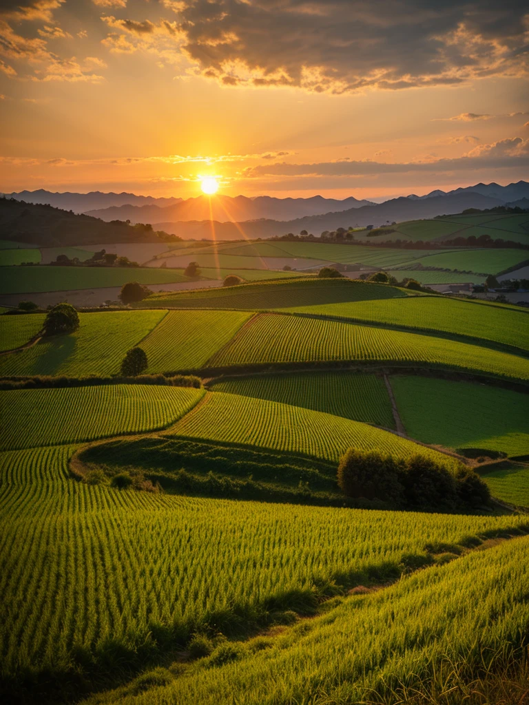 The sun sets over the peaceful countryside, Golden light illuminates the fields、Sunset landscape:0.8, Farmer&#39;s dedication:0.7, Links to agriculture:0.6., Picture book illustrations :1.7, 