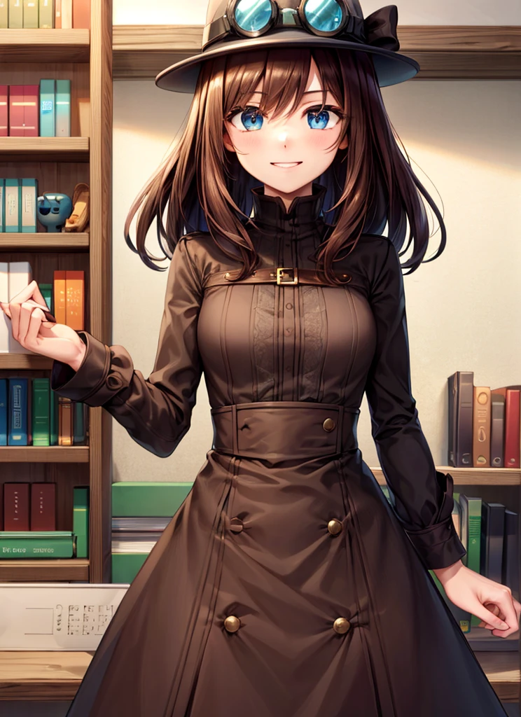 ((Highest quality)), ((Very detailed)), masterpiece, Absurd, Very detailed顔, Beautiful Face, (Fine grain, Deep Eyes), (One girl), From below, Panty shot, Upper Body, stpunker, Brown Hair, Medium Hair, blue eyes, smile, Top Hat, Put goggles on your hat, petticoat, (internal, at the library, Bookshelf)