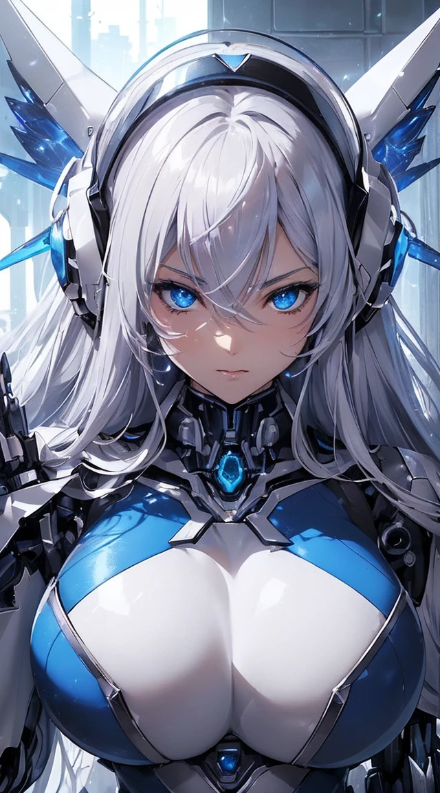 ((Extreme close up:1.6))、(((Lenses shining on both breasts:1.3)))、((Blue pillars of light radiate from both of his chests..:1.3))、break、(((Dynamic pose:1.8)))、smile、((8K)), ((32k)), ((Highest quality)), ((masterpiece)), ((超A high resolution)), ((Tmasterpiece)), ((Halation:1.4))、((Mechaニカルheadgear:1.2))、((Cyber Headphones:1.3))Fine skin, High quality fabric, High-quality metal texture、((Beautiful and dense face))、RAW Photos、Professional, Ultra-fine painting, ((alone)), Beautiful breasts、Highest quality, Very detailed, Very detailed詳細, Finer details, so beautiful, ((Princess Knight Robot:1.2)), (Joint of the machine, Mechanical Limbs:1.3), (The internal structure of the machine is exposed:1.3), (Long silver hair:1.1), (Beautiful and huge mechanical breasts)、White Veil, cowboy_shot, Side Focus, headgear, Shiny、(Five Fingers, Four fingers and thumb),Concept Art, Anime fantasy artwork, Detailed fantasy art, (with pale blue-violet hair and large white wings,,,,,,,,), (((Long silver hair))), (Mecha:1.6)、Sleek and intimidating design, ((Commander-in-Chief'arm)), (Perfect robot body)、純白と青紫のarmまたは, Symmetrical wings, 8K High Resolution, Detailed Art, 3D rendering of character art in 8K, neat legs, Defined, Defined fingers,((headshot:1.3))