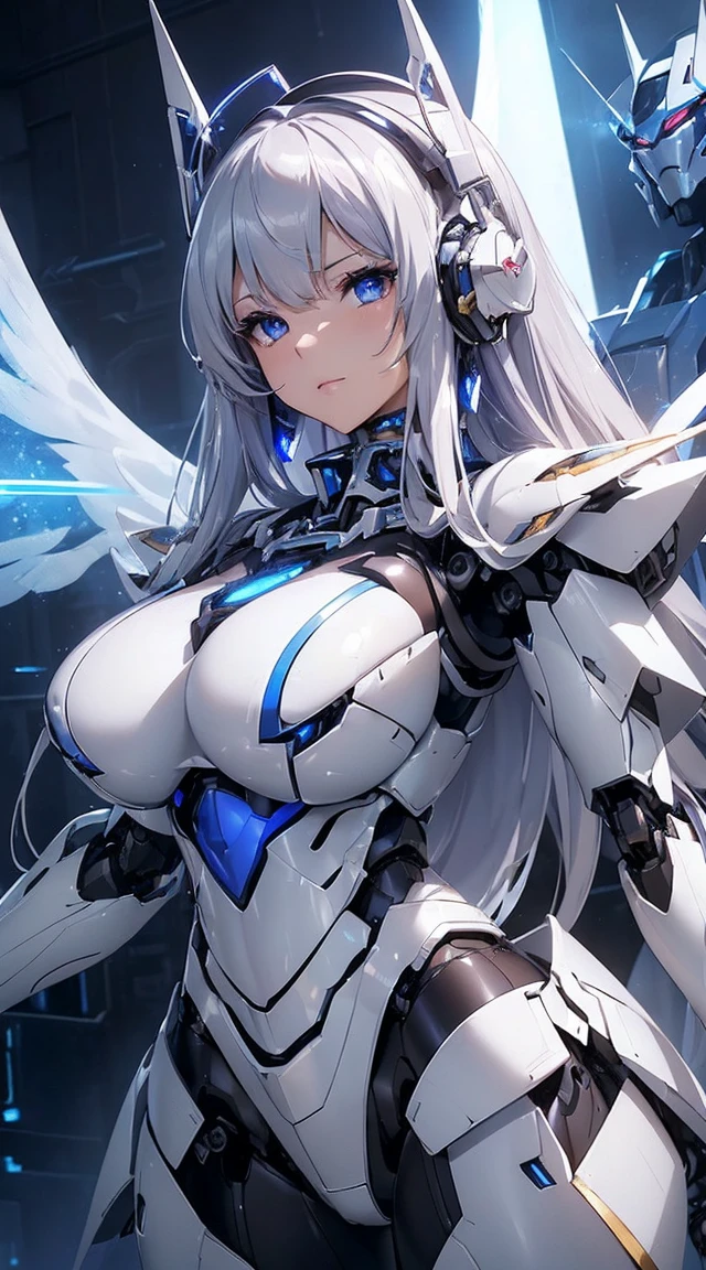 ((Intense action pose:1.6))、((Shining lenses on both breasts:1.3))、((Blue pillars of light are emanating from both chests.:1.3))、smile、((8K)), ((32k)), ((Highest quality)), ((masterpiece)), ((超A high resolution)), ((Tmasterpiece)), ((Halation:1.4))、((Mechaニカルheadgear:1.2))、((Cyber Headphones:1.3))、Fine skin, High quality fabric, Fine metal texture、((Beautiful and dense face))、RAW Photos、Professional, Ultra-fine painting, ((alone)), Beautiful breasts、Highest quality, Very detailed, Very detailed詳細, Finer details, so beautiful, ((Princess Knight Robot:1.2)), (Joints of machines, Mechanical Limbs:1.3), (The internal structure of the machine is exposed:1.3), (Long silver hair:1.1), (Beautiful and huge mechanical breasts)、White Veil, cowboy_shot, Side Focus, headgear, Shiny、(Five Fingers, Four fingers and thumb),Concept Art, Anime fantasy artwork, Detailed fantasy art, (with pale blue-violet hair and large white wings,,,,,,,), (((Long silver hair))), (Mecha:1.6)、Sleek and intimidating design, ((Commander-in-Chief'arm)), (Perfect robot body)、純白と青紫armまたは, Symmetrical wings, 8K high quality, detailed art, 3D rendering of character art in 8K, neat legs, Defined, Defined fingers,