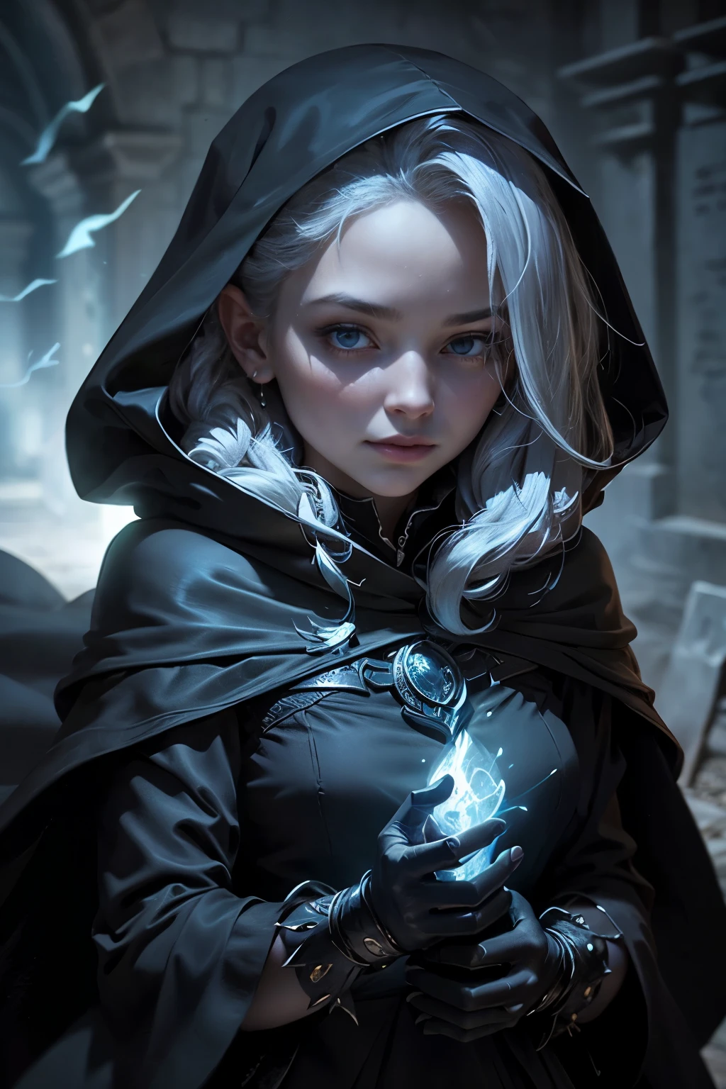 Shadowy Woman in a Rogue's Cloak, Enshrouded in a Veil of Unending Mystery

In the dimly lit corners of the cobblestone alley, a figure clad in a cloak of black satin emerges. The cloak billows behind her, hinting at hidden depths and auras of secrecy. Her eyes, a piercing silver, carry whispers of untold stories, as if the very secrets of the universe were hidden within their depths. She is a woman of mystery, a woman of the shadows, a woman in a rogue's cloak. Her very presence ignites a spark of curiosity, a longing to uncover the en