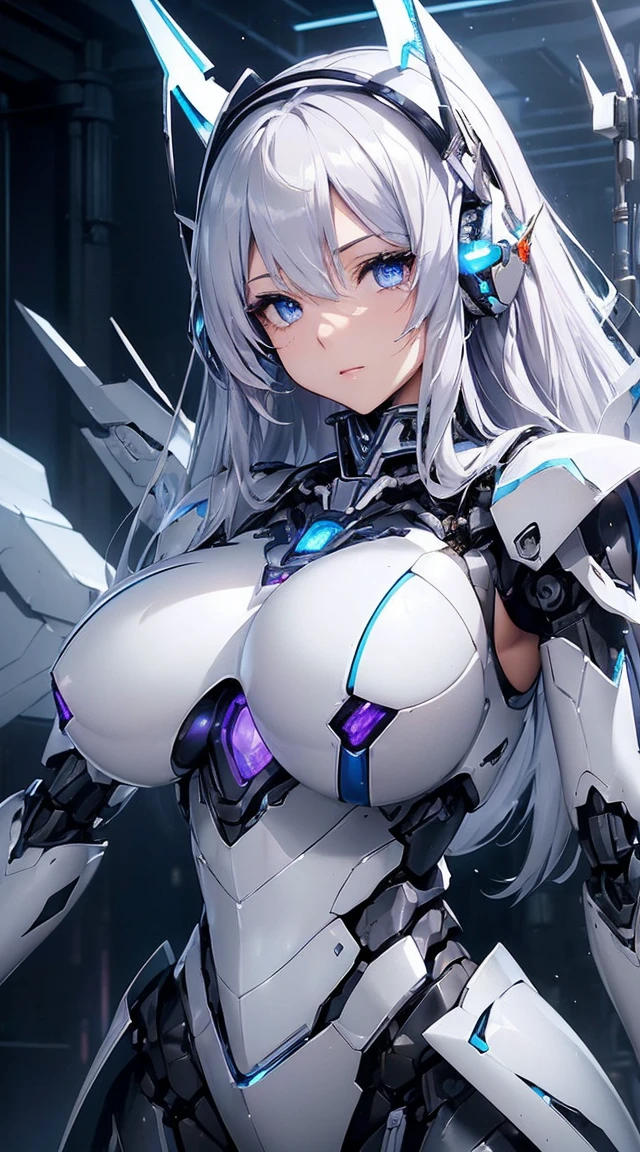 ((Intense action pose:1.6))、((Shining lenses on both breasts:1.3))、((Blue pillars of light are emanating from both chests.:1.3))、smile、((8K)), ((32k)), ((Highest quality)), ((masterpiece)), ((超A high resolution)), ((Tmasterpiece)), ((Halation:1.4))、((Mechaニカルheadgear:1.2))、((Cyber Headphones:1.3))、Fine skin, High quality fabric, Fine metal texture、((Beautiful and dense face))、RAW Photos、Professional, Ultra-fine painting, ((alone)), Beautiful breasts、Highest quality, Very detailed, Very detailed詳細, Finer details, so beautiful, ((Princess Knight Robot:1.2)), (Joints of machines, Mechanical Limbs:1.3), (The internal structure of the machine is exposed:1.3), (Long silver hair:1.1), (Beautiful and huge mechanical breasts)、White Veil, cowboy_shot, Side Focus, headgear, Shiny、(Five Fingers, Four fingers and thumb),Concept Art, Anime fantasy artwork, Detailed fantasy art, (with pale blue-violet hair and large white wings,,,,,,,), (((Long silver hair))), (Mecha:1.6)、Sleek and intimidating design, ((Commander-in-Chief'arm)), (Perfect robot body)、純白と青紫armまたは, Symmetrical wings, 8K high quality, detailed art, 3D rendering of character art in 8K, neat legs, Defined, Defined fingers,