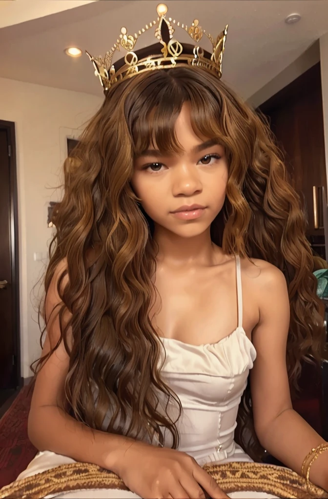 black queen with daughter, queen like Zendaya, (zendaya adulte with daughter), curly hair, African queen with long curly hair, daughter has blond curly hair, cute hairstyle, sheer luxury dress, queen crowned, princess crowned, risqué, sensual