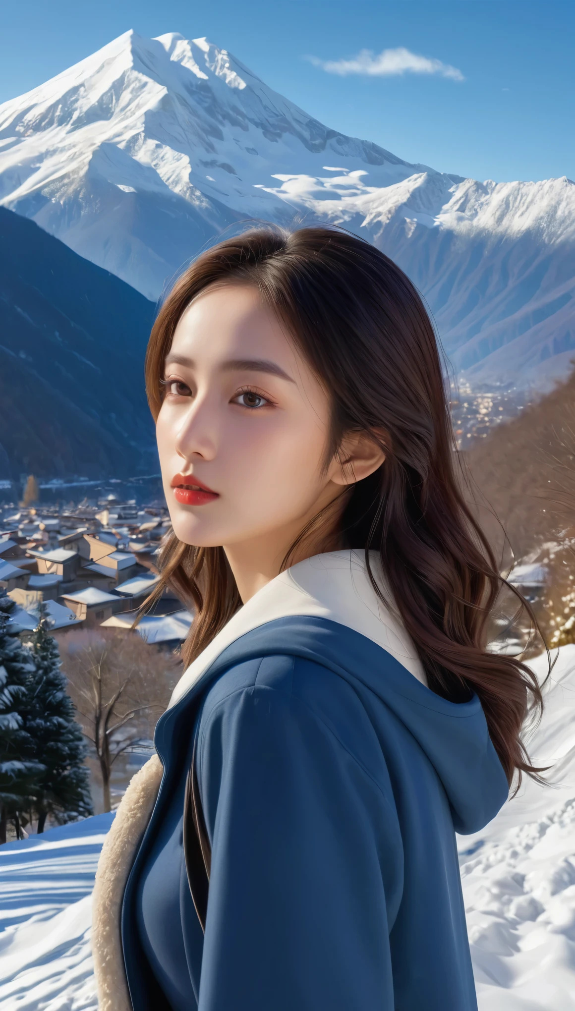 ((masterpiece)),Highest quality, figure, dark, One girl, In the wilderness,A tall mountain,Snow-capped mountains visible in the distance々, city, Beautiful attention to detail,  Beautiful detailed hair,