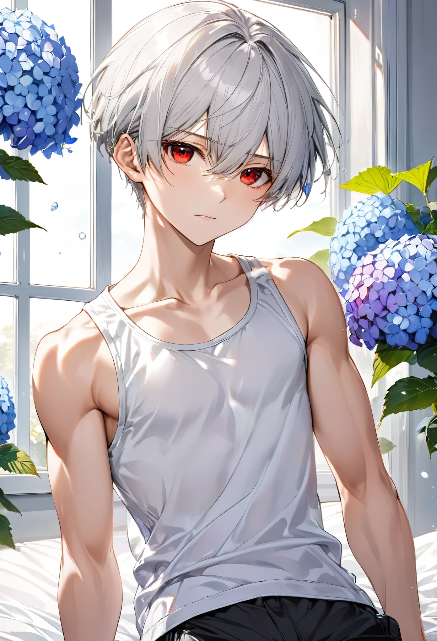 (close up face) (16 yo, solo crew cut silver hair very short hair divine sword fighter boy, detailed cool red eyes, serious face, flat chest), (in a Tank top, hot pants), break, (in the simple bedroom, background Through the window, out side A cluster of hydrangeas), BREAK, perfect anatomy, masterpiece, best quality, 16k, beautiful detailed grow, daydreaming expression.