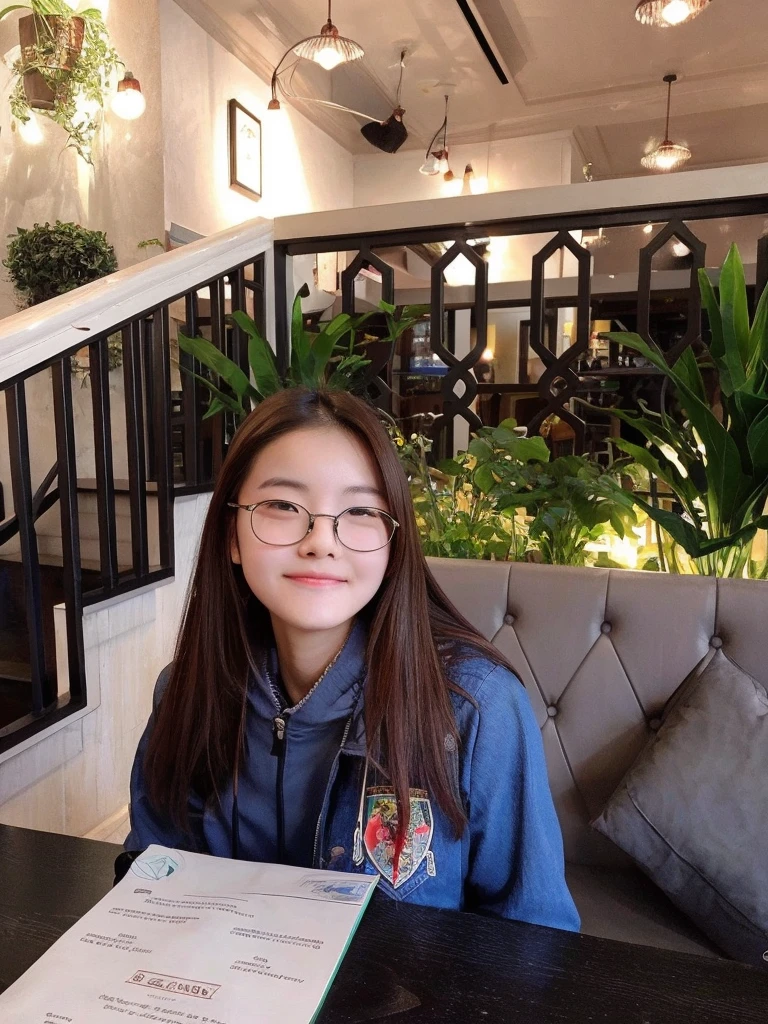 Cute asian with slim face girl with spectacles in a restaurant 