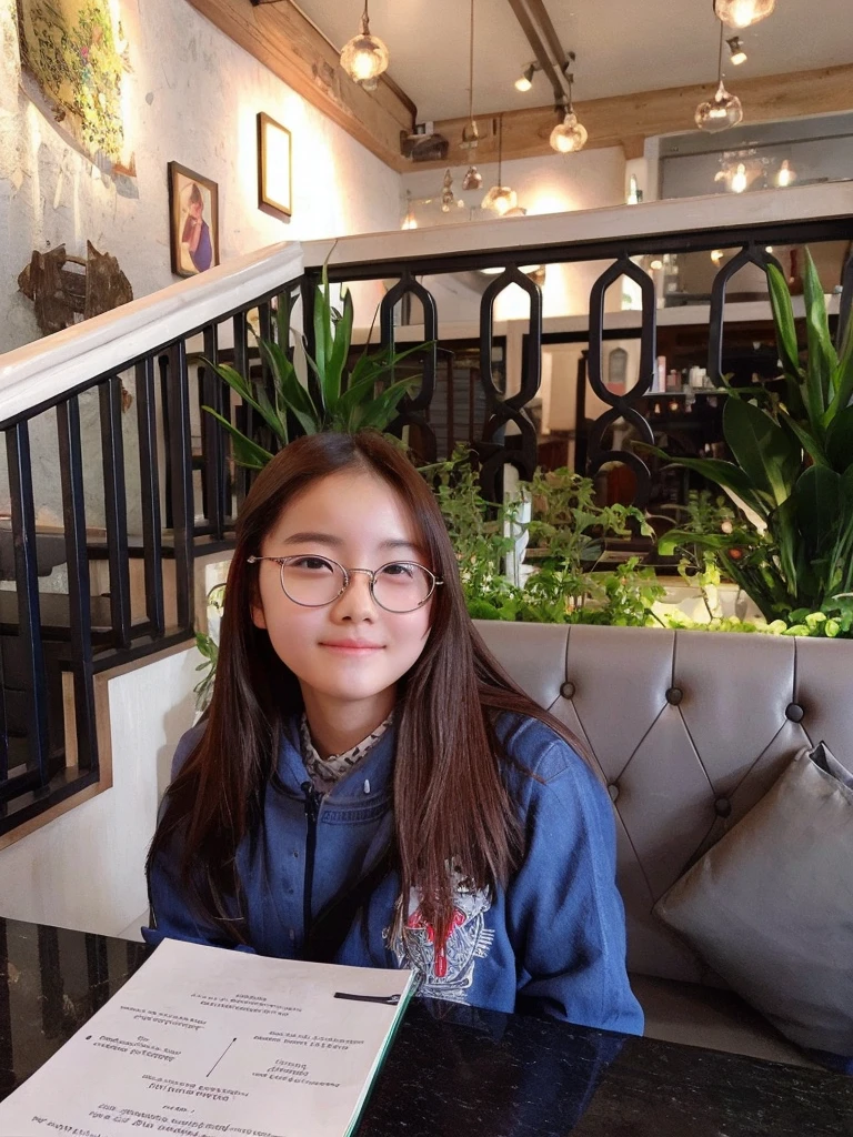 Cute asian with slim face girl with spectacles in a restaurant