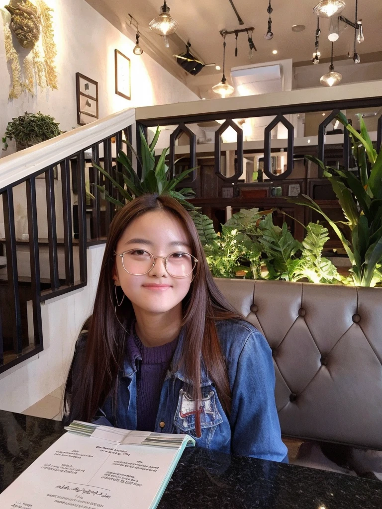 Cute asian with slim face girl with spectacles in a restaurant