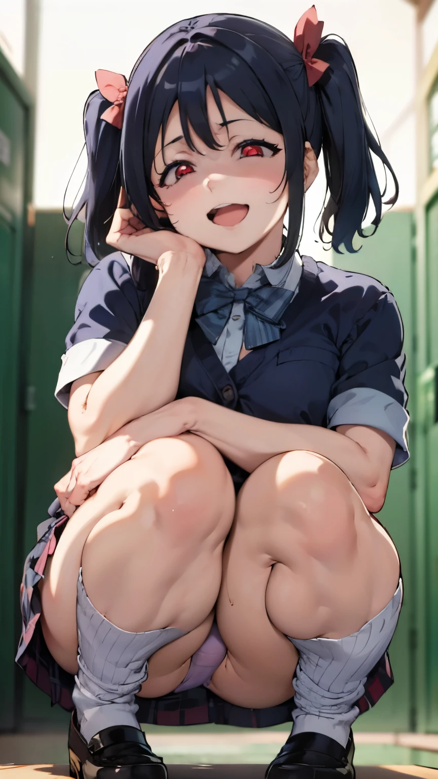 from front,focus on panties,fine underwear,black panty,flat chest
,BREAK,
nico yazawa, flat chest,black hair, (red eyes:1.5), twintails, hair bow, bow, red bow,
,BREAK,
gyaru, shirt, plaid, bow, blush, white shirt, hair ornament, nail polish, plaid skirt, bowtie, pleated skirt, clevage
,BREAK,
(((smile))), open mouth, look down at viewer, {{{shaded face}}}, masterpiece,absurderes, beautiful detailed face
,BREAK,
,Squat,looking down at viewer,Squatting,
((masutepiece,hight resolution)), masutepiece, Best Quality, , absurderes, Perfect Skin, Detailed skin texture, ultra-detailliert, 8K, Intricate details, beautifull detailed face,hight resolution, 1girl ,from front.
indoors,locker room