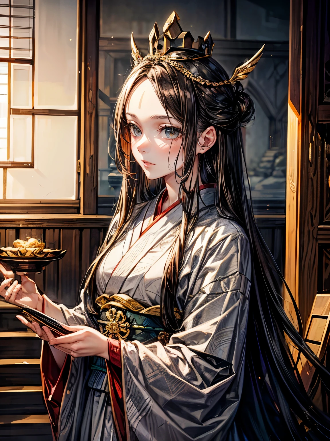 Himiko, ancient Japan, queen, shaman,((Forehead hai)),,long black hair, deep brown eyes, sumptuous attire, crown, sacred altar, ritualistic situation, regal expression

