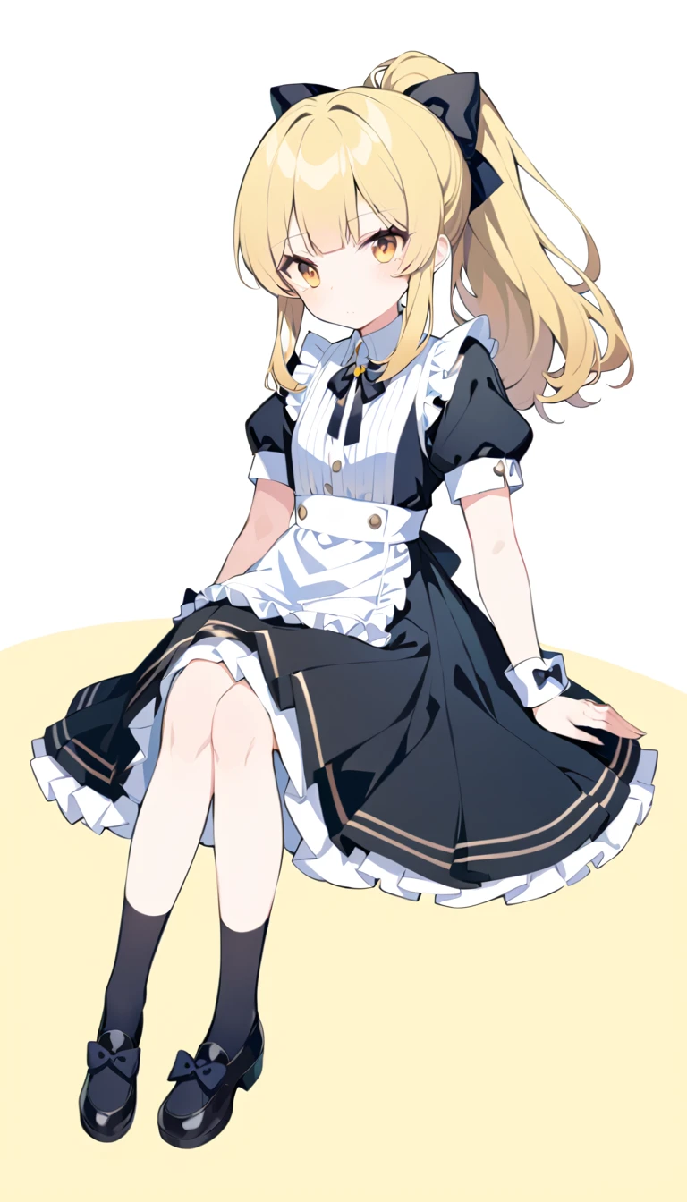 anime illustration of a female character wearing black and white clothing to match the yellow background, 1girl, solo, yellow background, blonde hair, bow, short sleeves, yellow eyes, black footwear, looking at viewer, dress, sitting, puffy short sleeves, socks, simple background, black bow, blush, hair bow, sidelocks, puffy sleeves, bangs, black socks, wrist cuffs, black dress, ponytail, frills, closed mouth, full body, shoes, shirt