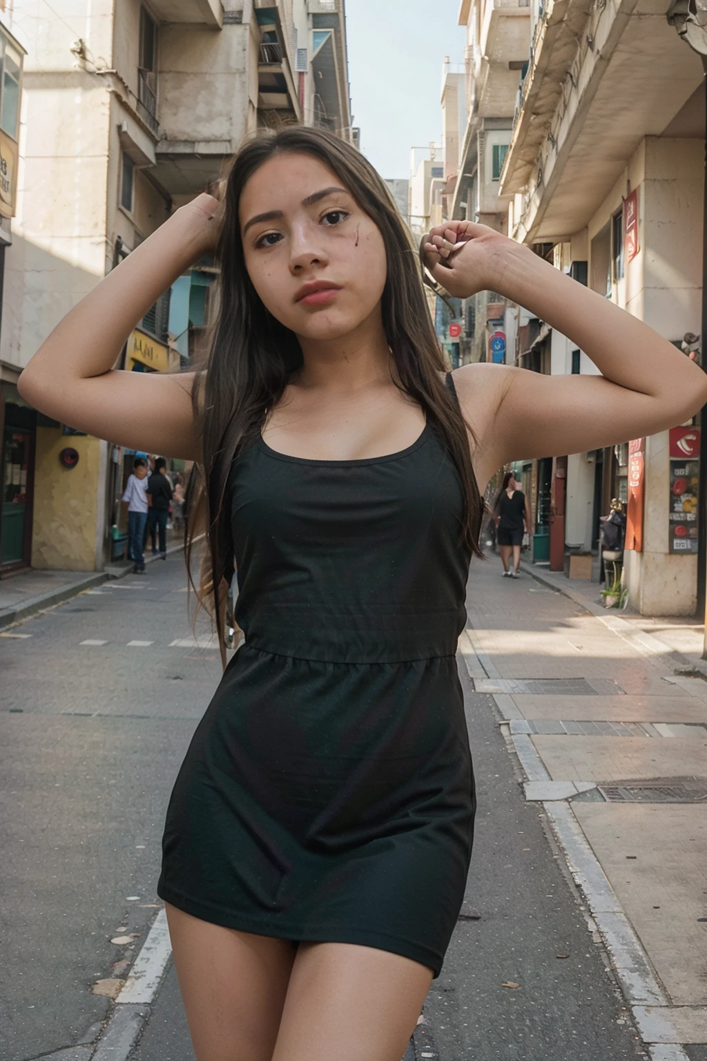 (masterpiece, best quality:1.2), 1girl, solo, mjr, ultra high quality image, a 21 year old girl, she is standing, she is raising her arms and resting them on her head, modeling a black minidress and white sneakers, in the street, candid photography, random photo, at noon, from below, low angle photography